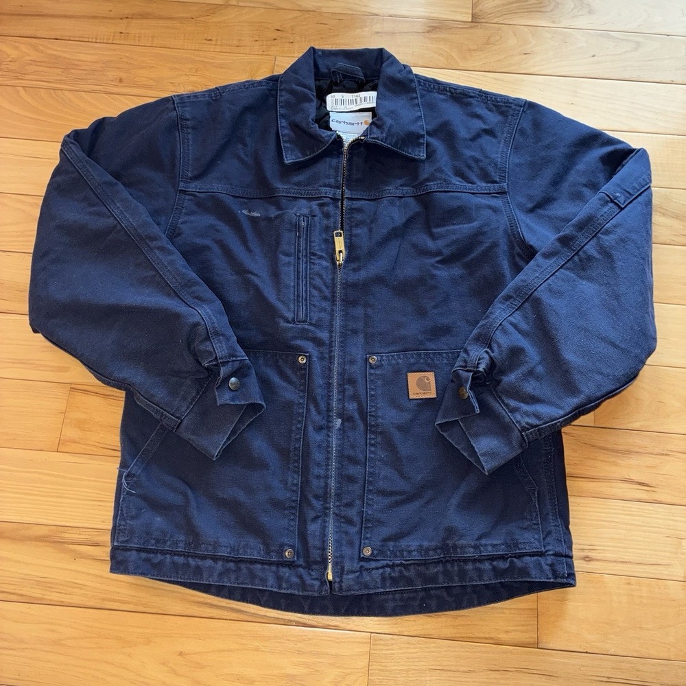 Vintage Carhartt Men's Small Blue Collared Chore Jacket Canvas Faded Dark Navy